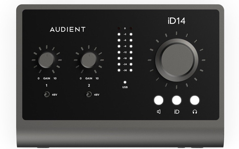 Audient iD4 MkII compact audio interface with large volume knob (front).