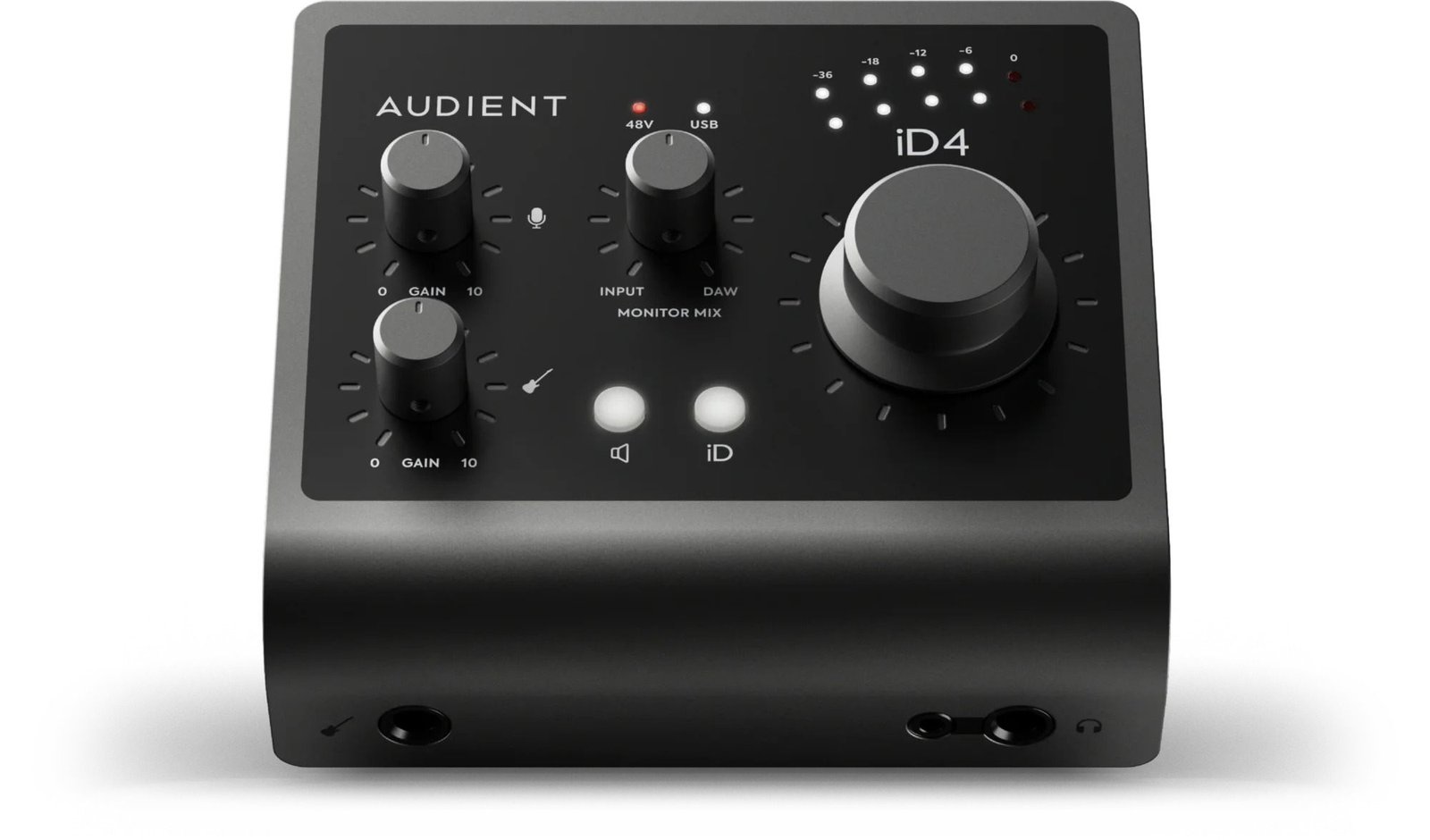 Audient iD4 MkII compact audio interface with large volume knob (front).