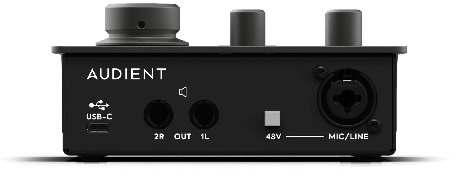 Audient iD4 MkII compact audio interface with large volume knob (rear).