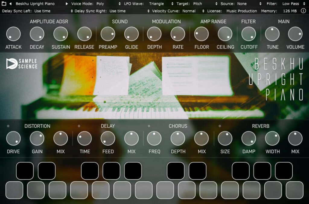 Beskhu Upright Piano free lo-fi VST plugin interface by SampleScience.
