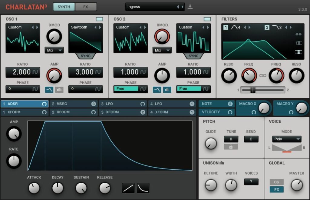 Charlatan 3 lightweight virtual analog synthesizer interface.