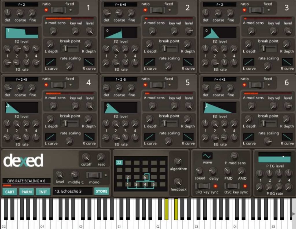 Dexed FM synthesizer interface (Yamaha DX7 clone).