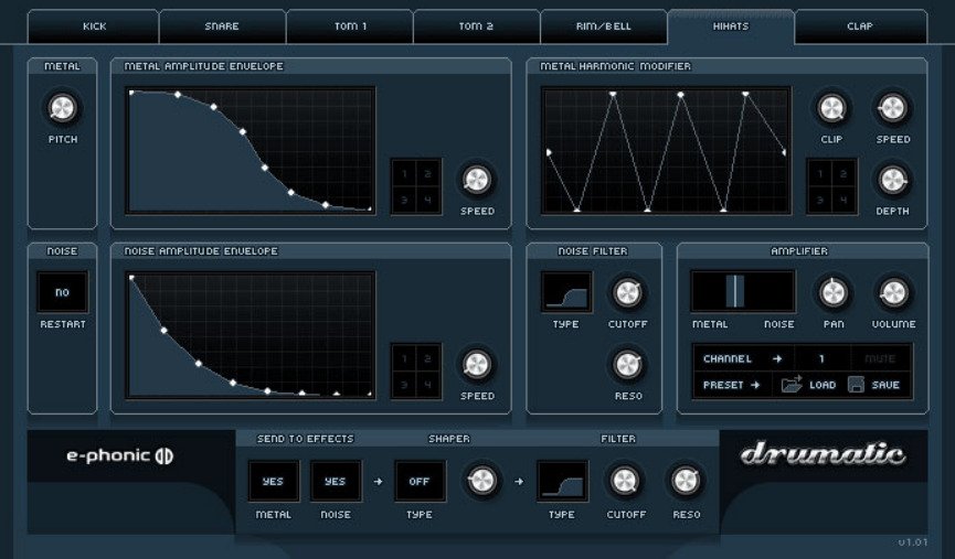 Drumatic 3 virtual analog drum synthesizer interface.
