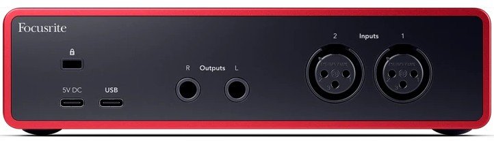 Focusrite Scarlett 2i2 4th Gen audio interface rear view.