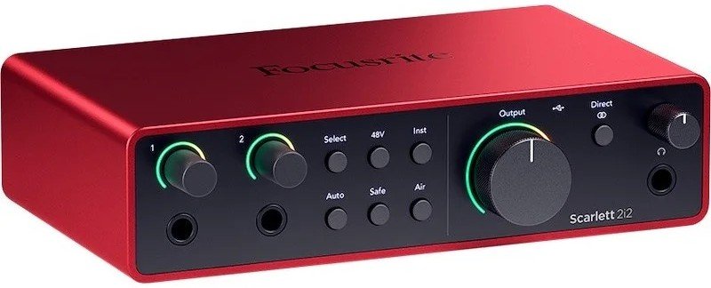 Focusrite Scarlett 2i2 4th Gen audio interface front view.