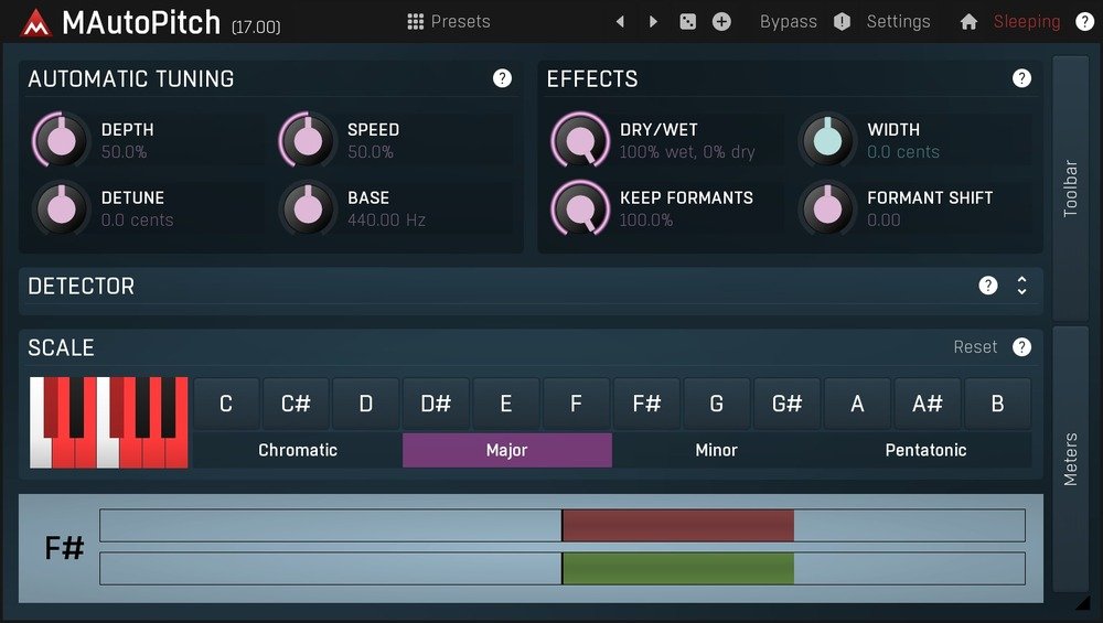 MAutoPitch free autotune plugin interface by MeldaProduction.
