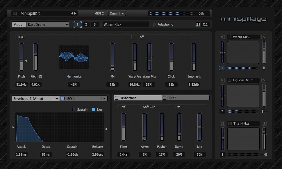 MiniSpillage drum synthesizer plugin interface for Mac.