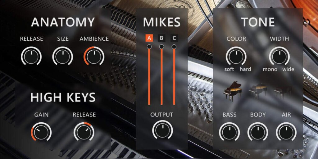 Monastery Grand creative piano VST interface by MeldaProduction.