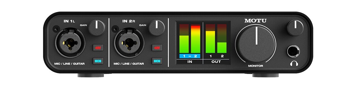 Motu M2 USB-C audio interface with LCD level meters (front).