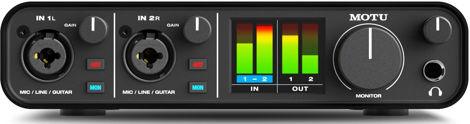 Motu M2 USB-C audio interface with LCD level meters (front).