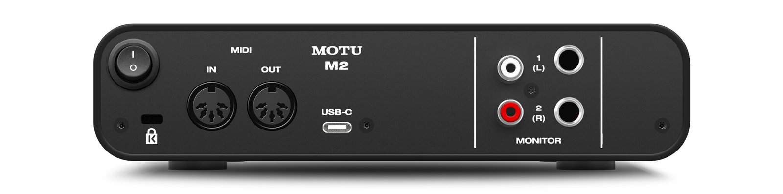 Motu M2 USB-C audio interface with LCD level meters (rear).