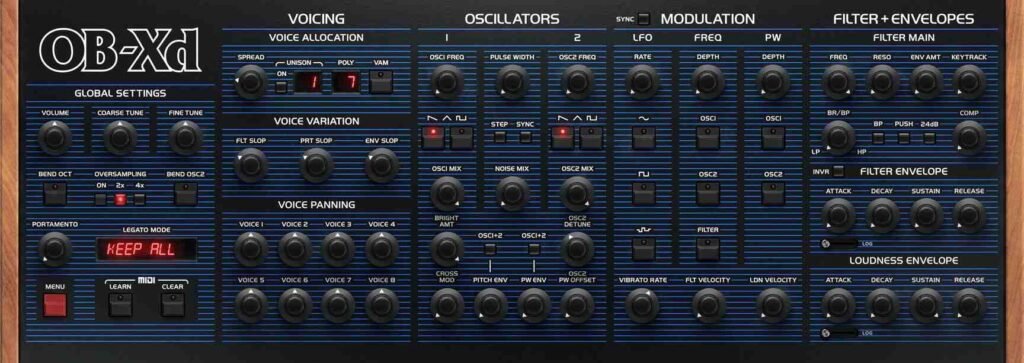 OB-Xd free Oberheim OB-X emulation synth interface.

