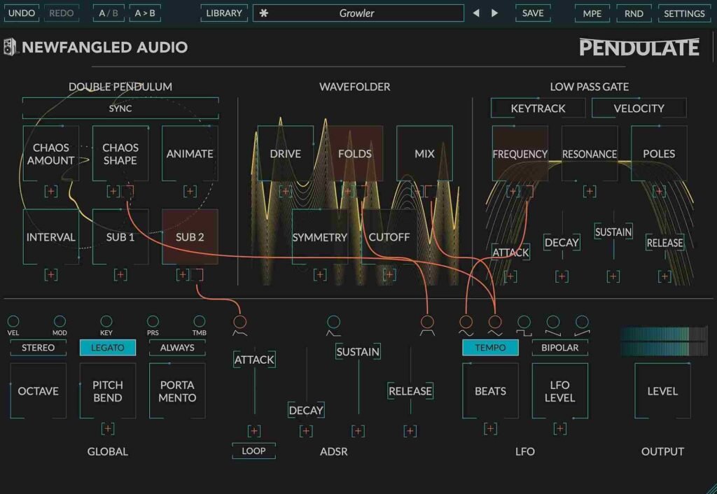 Pendulate chaotic oscillator synthesizer interface by Newfangled Audio.