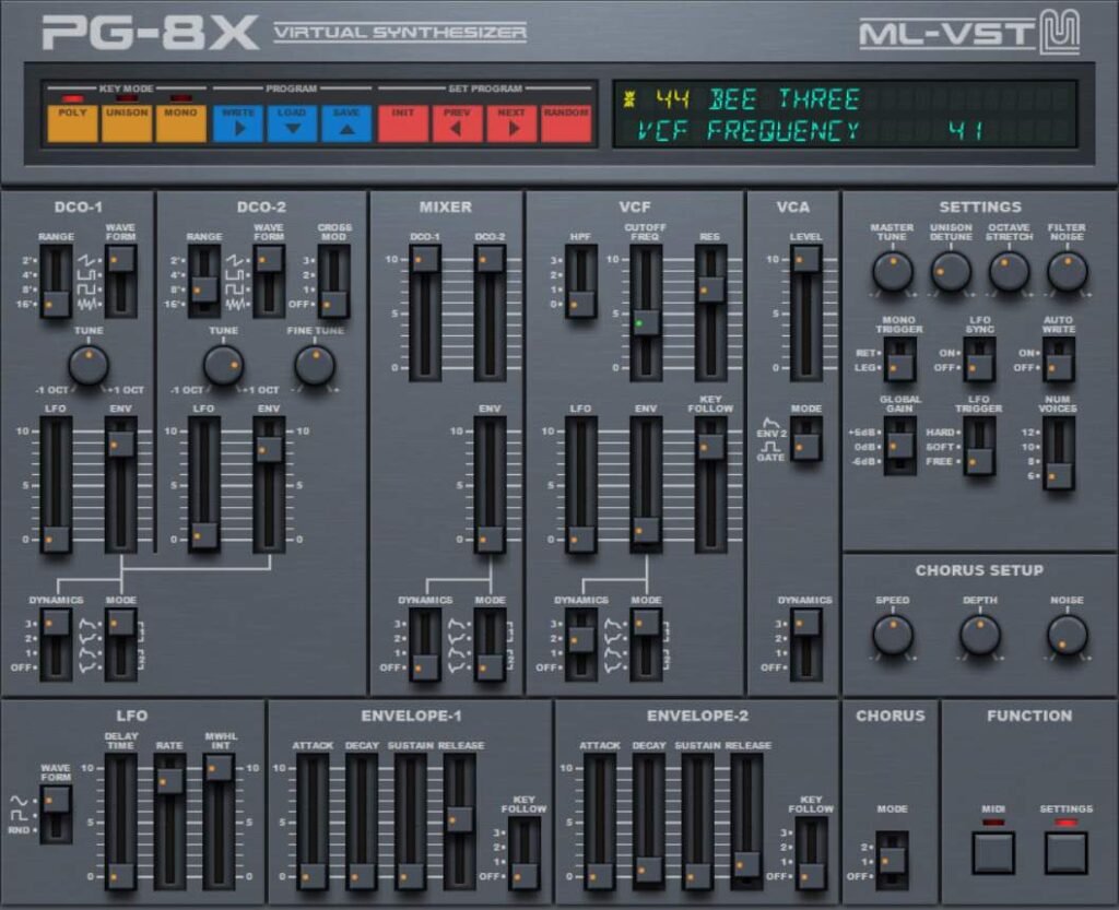 PG-8X free Roland JX-8P emulation synthesizer interface.