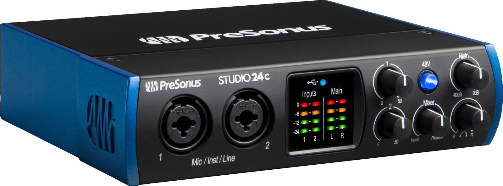 PreSonus Studio 24c rugged audio interface with LED metering (front).
