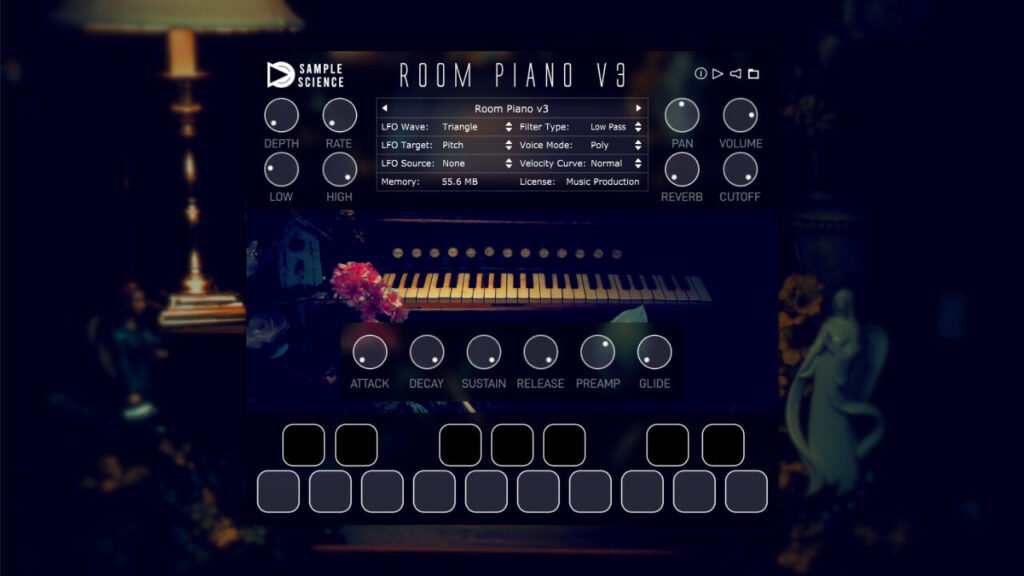 Room Piano v3 lo-fi piano VST interface by SampleScience.
