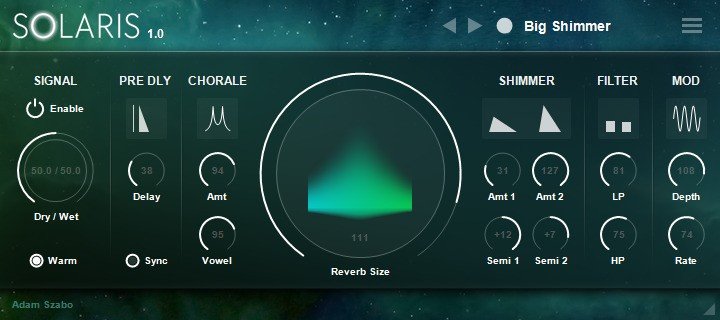 Solaris shimmer reverb VST interface for ethereal pads.