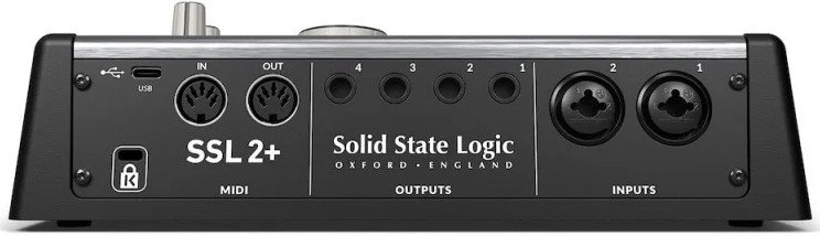 Solid State Logic SSL 2+ USB audio interface with legacy 4K mode (rear).
