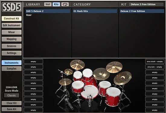 Steven Slate Drums 5.5 free edition interface showing kit view.
