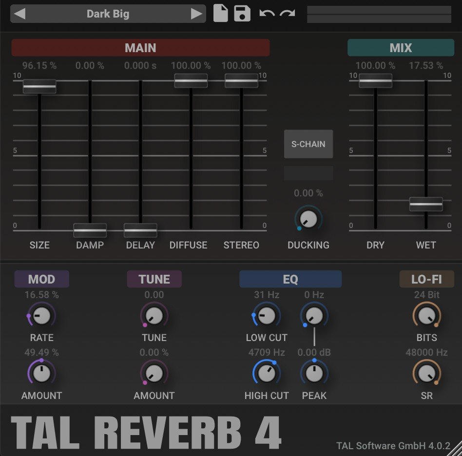 TAL-Reverb-4 vintage 80s plate reverb plugin interface.
