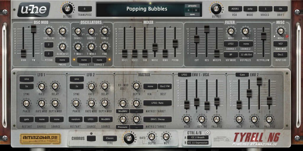 TyrellN6 free analog synthesizer interface by u-he.
