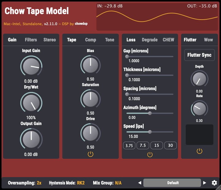 Chow Tape Model open source tape saturation simulator interface.