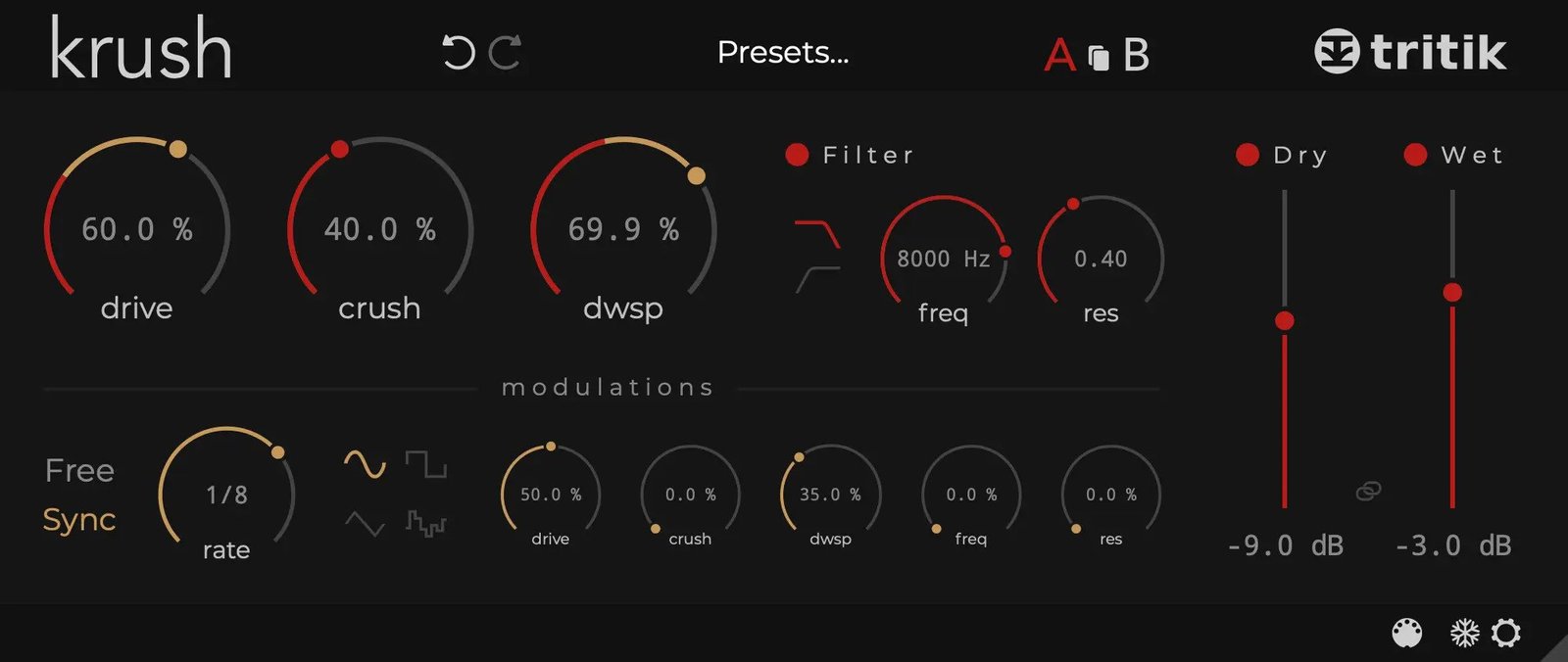 Tritik Krush free creative bitcrusher and filter plugin interface.
