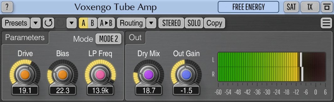 Voxengo Tube Amp free tube overdrive plugin interface.
