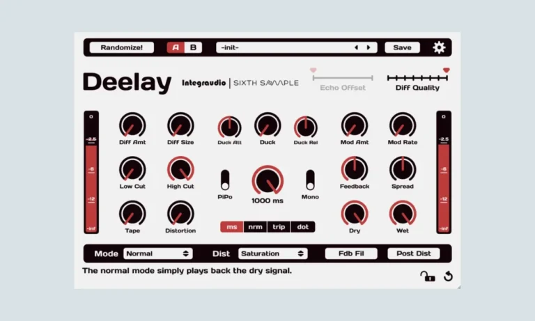 Deelay by Sixth Sample plugin interface showing all knobs, ducking controls, and tempo sync options.