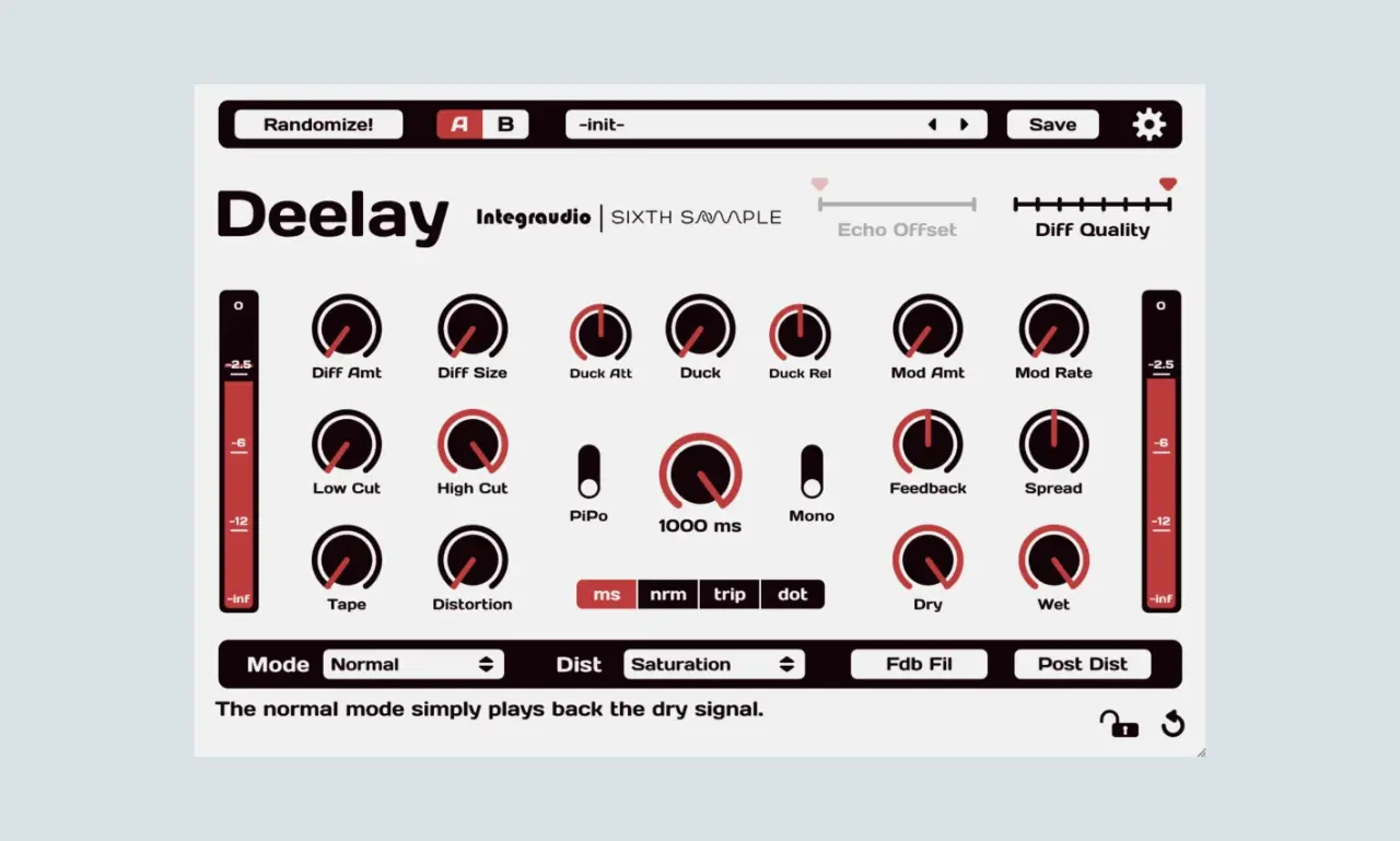 Deelay by Sixth Sample plugin interface showing all knobs, ducking controls, and tempo sync options.