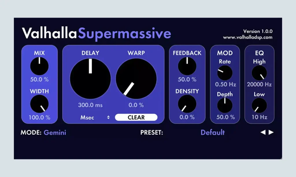 Valhalla Supermassive plugin interface showing the 22 reverb modes and controls.