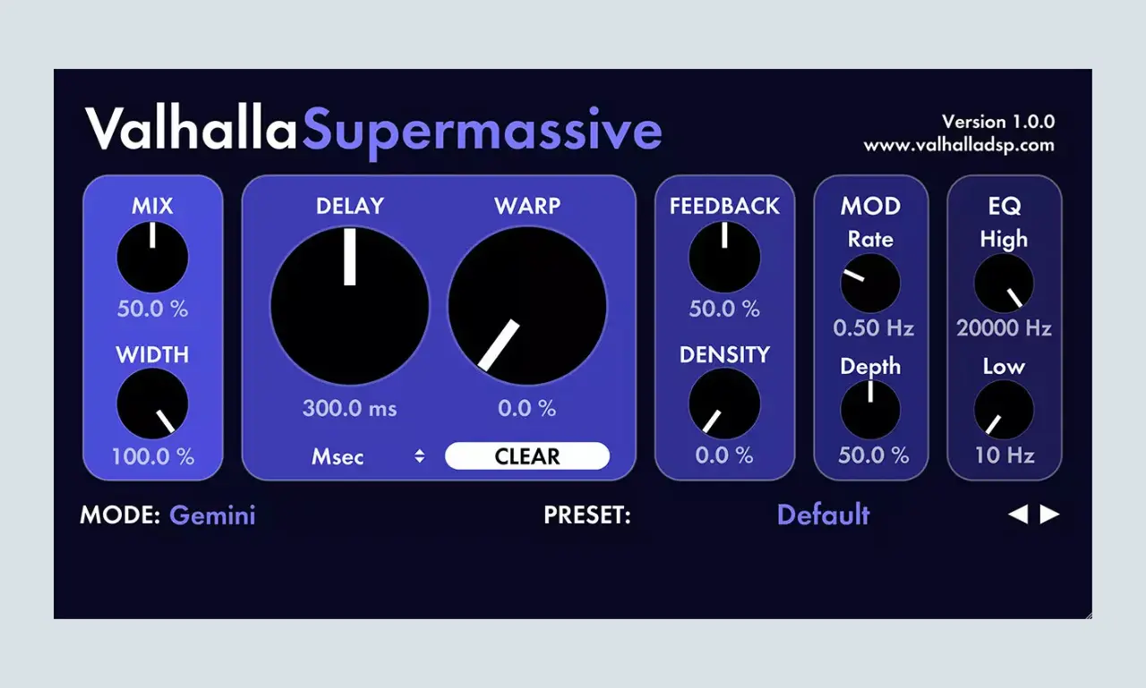 Valhalla Supermassive plugin interface showing the 22 reverb modes and controls.