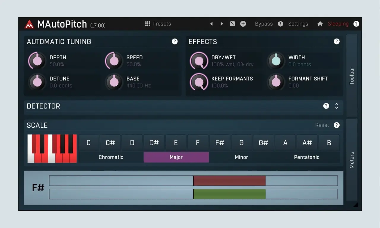 MeldaProduction MAutoPitch plugin interface displaying speed, depth, formant shift, and scale controls.