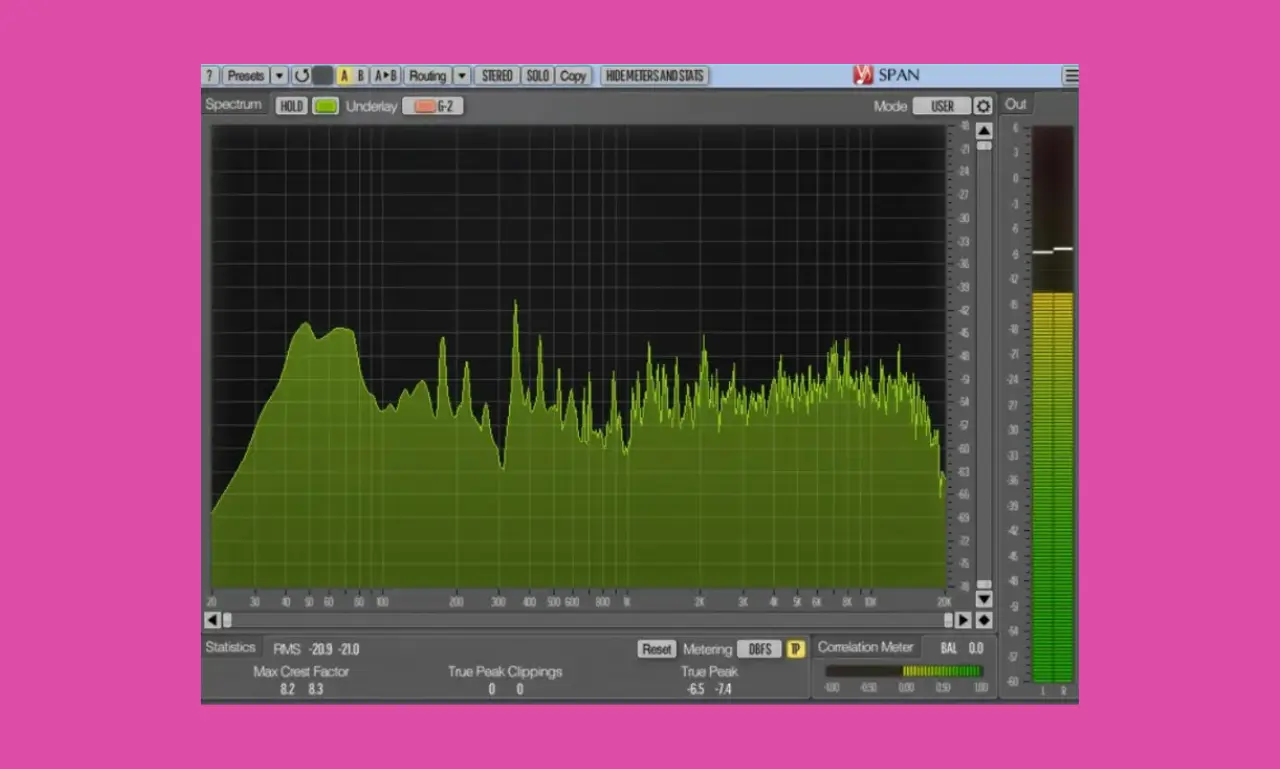 Voxengo SPAN free audio spectrum analyzer plugin interface showing real-time frequency graph and stereo metering.